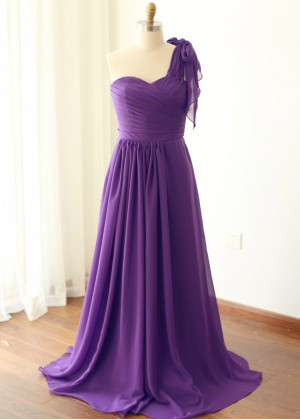 One Shoulder Purple Pleated Chiffon Bridesmaid Dress